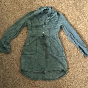 gray dress with denim design.